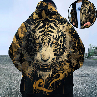 国潮老虎头印花卫衣男士开衫连帽外套加绒加厚潮流大码休闲上衣服