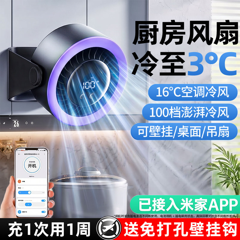【厨房专用】2026新款制冷壁挂式小风扇免打孔挂墙上厕所卫生间家用电风扇usb充电空调冷风挂扇桌面静音L