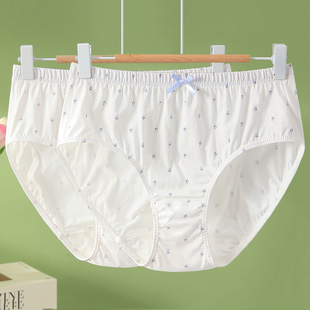 纯棉内裤女士100%全棉三角裤大码中高腰白色印花裤头宽松轻薄透气