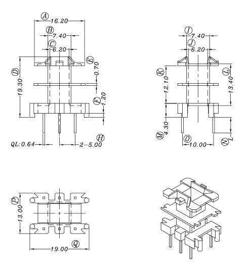 EF20高频变压器双槽骨架立式3+3针排距10mm