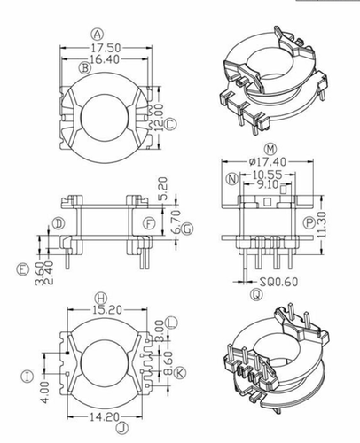 PQ2012高频变压器铁氧体磁芯电木骨架立式4+2针高度11.3mm
