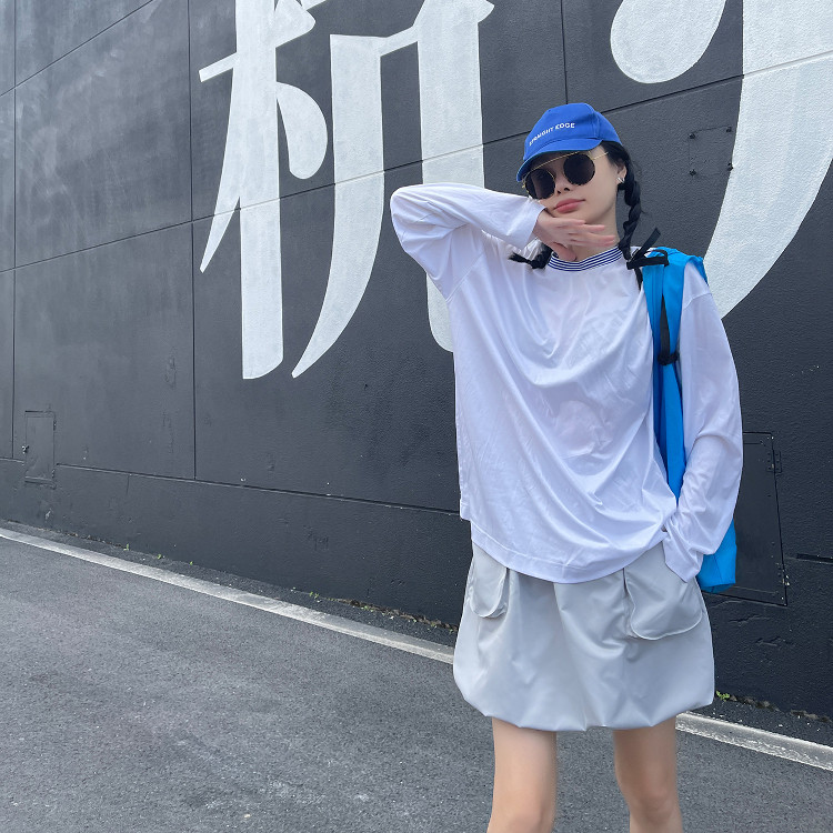 古祖祖 原创白色透视感宽松丝绵T恤拼色个性领口短袖上衣2025新款