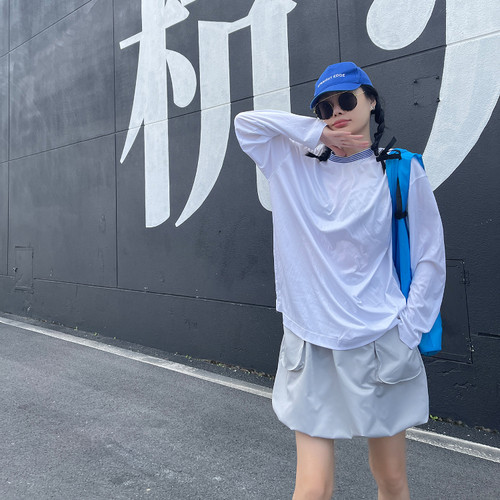 白色透视拼色宽松丝绵防晒tee