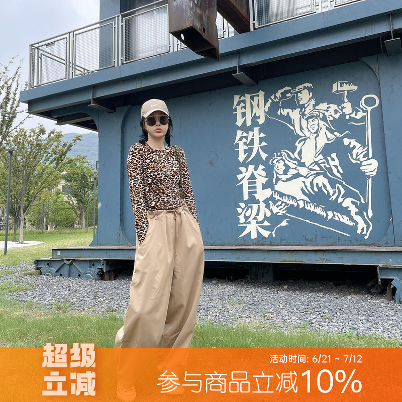 古祖祖 原创私服超弹豹纹长袖tee2024秋季新款修身显瘦休闲打底衫