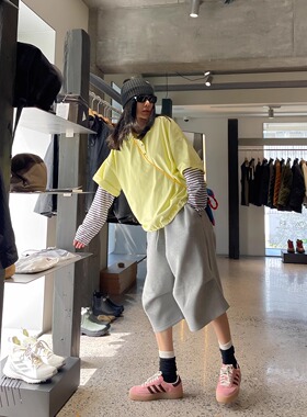 古祖祖 原创鹅黄色翻领抽绳polo纯棉上衣2025夏季宽松T恤短袖女