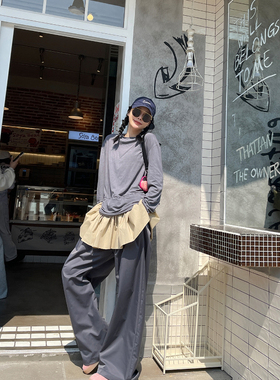 古祖祖 原创灰色休闲裤女春夏工装风阔腿裤直筒裤垂感大腿裤长裤