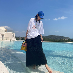 卡通tee T恤女纯棉宽松2025新夏季 古祖祖 原创度假风印花白色短袖