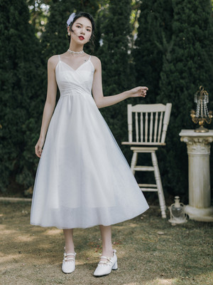 文艺复古白色网纱仙女吊带裙