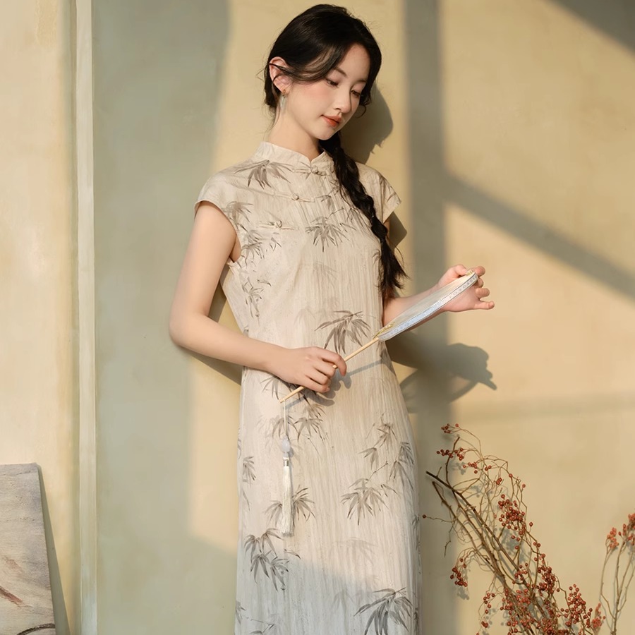 竹子印花旗袍裙系带仙女裙