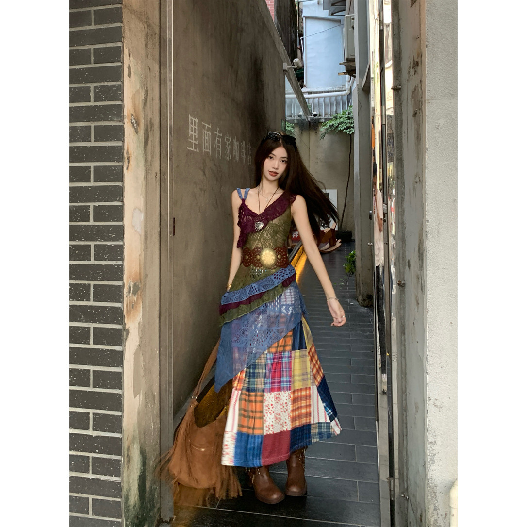 艺术生穿搭镂空游牧风钩花吊带背心裙+复古拼色格子半身裙两件套,女装/女士精品,时尚套装,淘宝优惠券,粉丝福利购,淘宝优惠卷