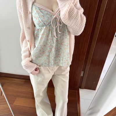 慵懒小香风粉色华夫格针织开衫女