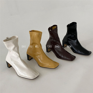 饰与美韩国东大门方头软皮后拉链扁扁粗高跟弹力瘦瘦时装短靴女潮