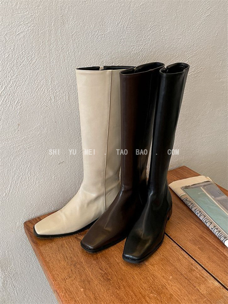 饰与美韩国东大门新款方头低跟侧拉链复古高筒女靴纯色显瘦长筒靴,女鞋,时装靴,淘宝优惠券,粉丝福利购,淘宝优惠卷