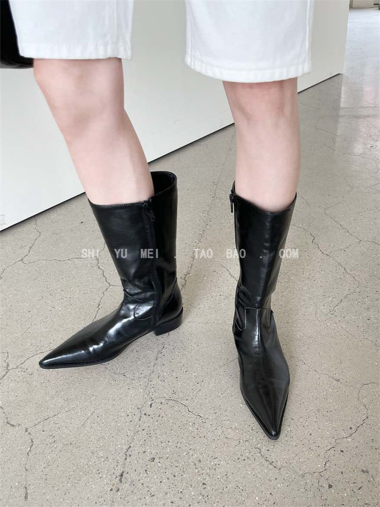 尖头低跟中筒侧拉链ins小众漆皮