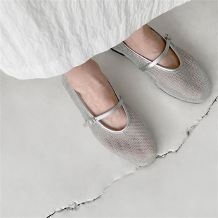韩国东大门25年夏季新款镂空网纱单鞋女浅口仙女风法式平底鞋凉鞋