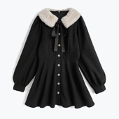 黑色连衣裙小黑裙日系女装 GR减龄可爱毛领可卸经典 百搭长袖