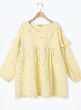 SM2纯棉棉纱长袖百搭荷叶造型小V领长款衬衫上衣衬衣日系女装