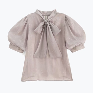GR甜美优雅百搭公主袖蝴蝶结正反两面可穿短袖衬衫上衣日系女装