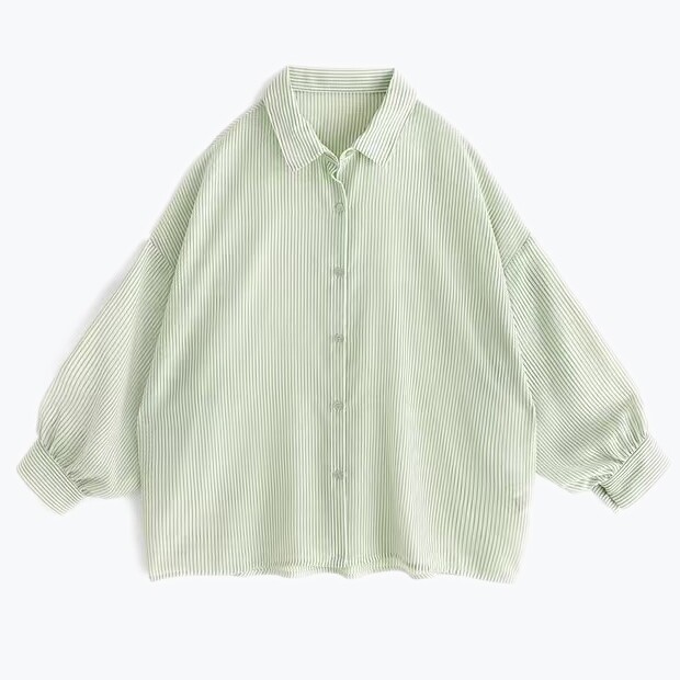 日单甜美轻盈宽松百搭长款长袖条纹衬衫上衣透视衬衣防晒衣女装