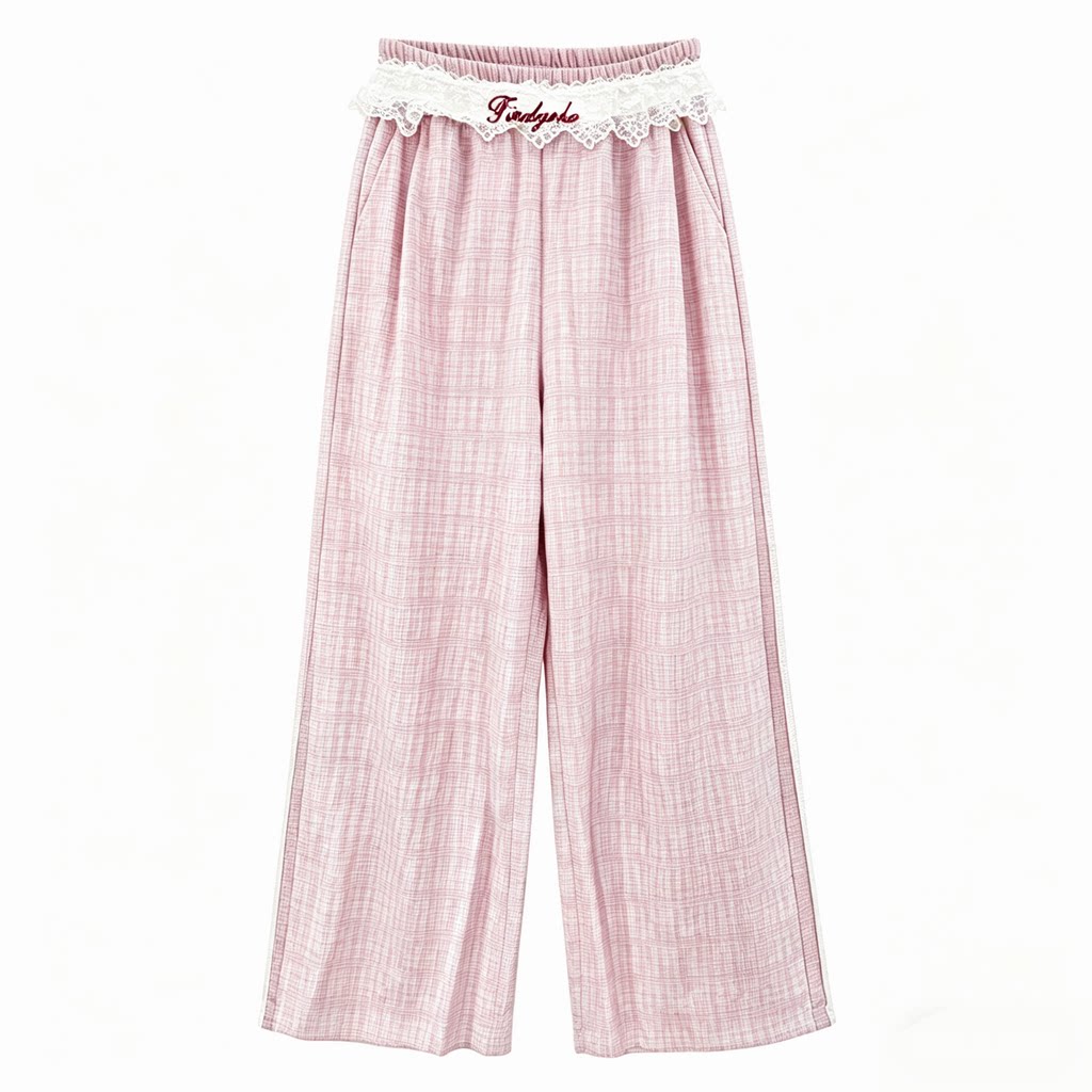 甜美百搭刺绣蕾丝花边松紧腰围阔腿舒适长裤防蚊裤春夏秋裤子女装
