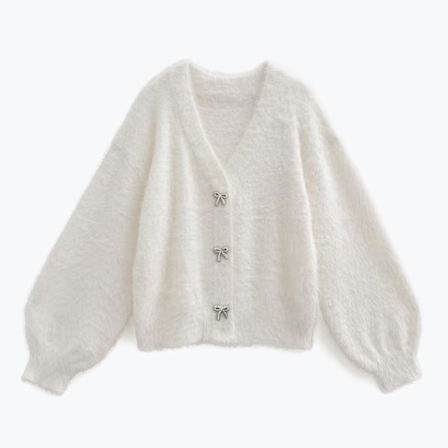 GR软糯甜美蝴蝶结扣短款毛茸茸开衫外套搭配纱裙的上衣日系女装