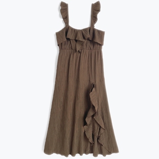 GR荷叶花边优雅百搭高腰线吊带连衣裙长裙日系女装