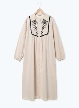 SM2高端棉麻长袖刺绣造型领森林系小清新长袍连衣裙日系女装