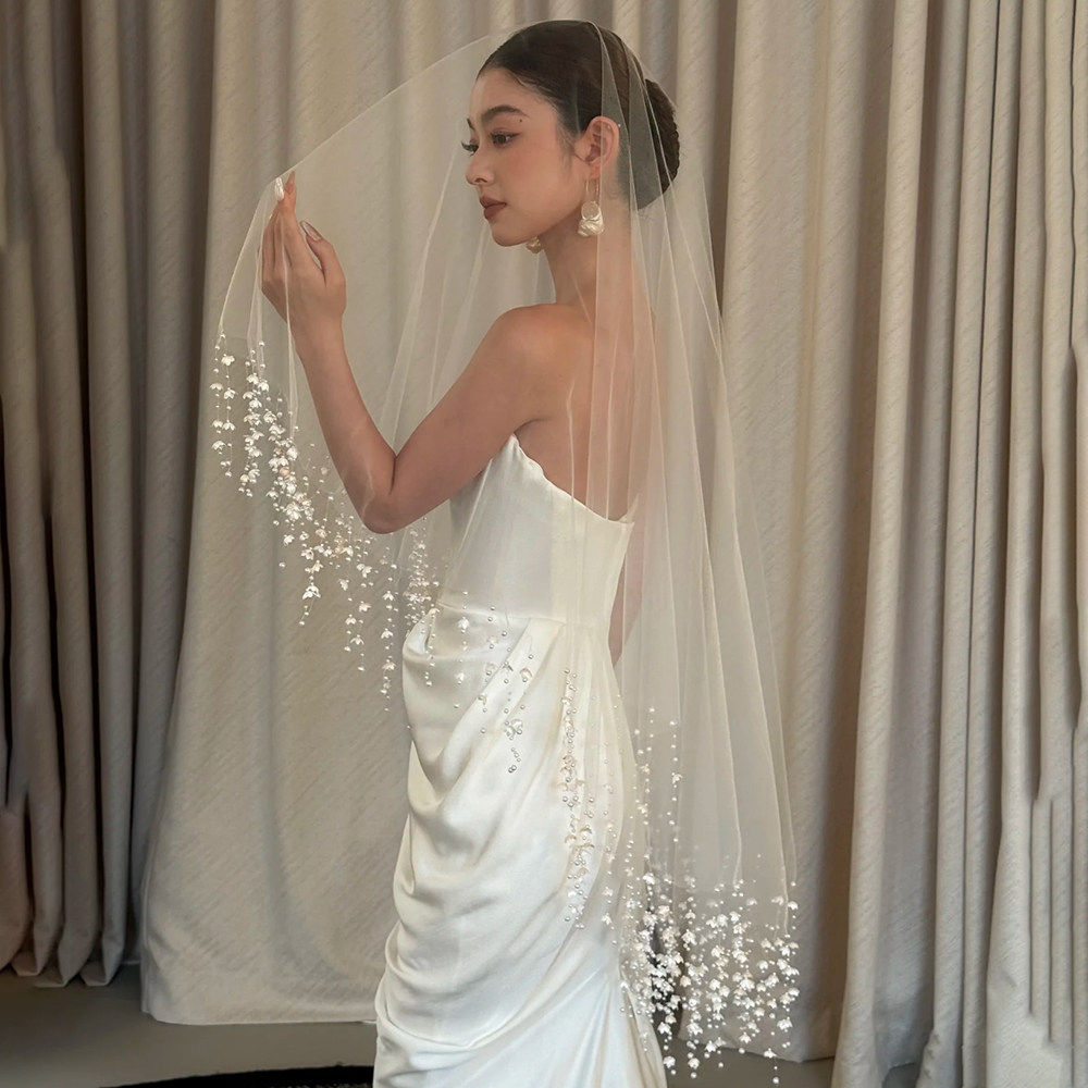 2025夏季新品新娘结婚主婚纱头纱超仙森系铃兰珍珠头纱婚纱拍照