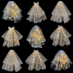 短款领证发光头纱双层蓬蓬唯美卷边儿童女蝴蝶结头饰网红拍照道具