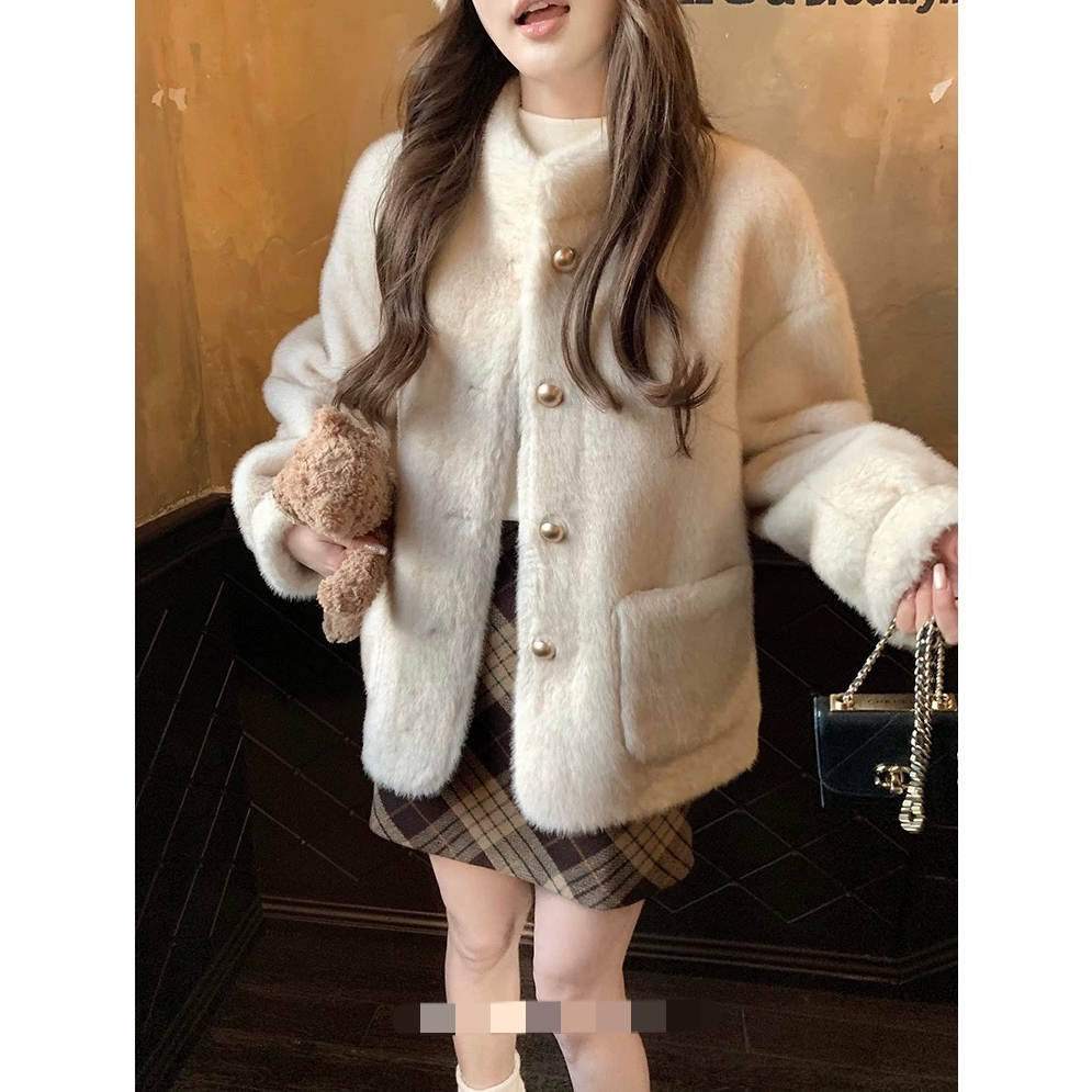立领小香风仿水貂毛绒冬季环保皮草女2025新款高级感上衣兔毛外套