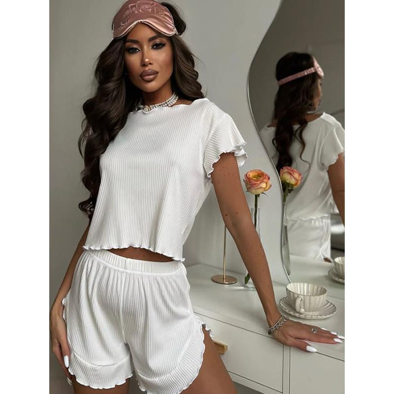 CNYISHE 休闲时尚木耳边圆领短袖上衣不规则侧开叉短裤家居套装女