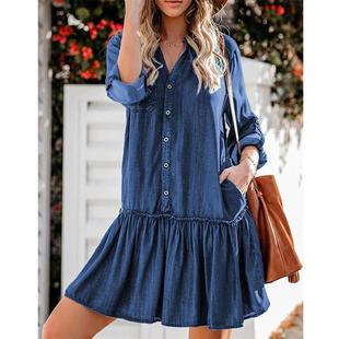 百搭小立领拼接荷叶下摆牛仔裙 连衣裙经典 eBay亚马逊春秋新款 长袖