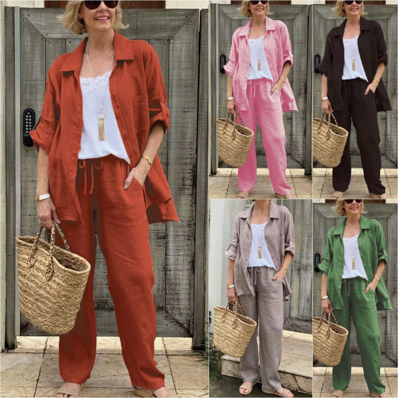 Women casual shirt and pants two-piece set欧美风衬衫裤子套装