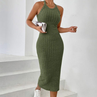 long women sleeveless slim 圆领纯色露背连衣裙女 dress