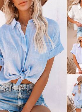 women's cotton and linen shirt short sleeve ladies lape 衬衫