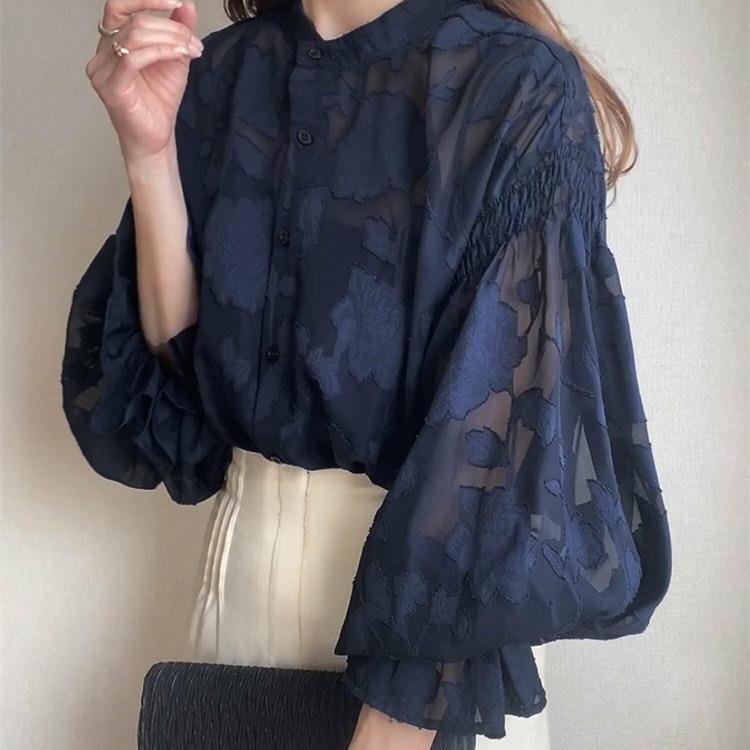 韩版日系外贸新款女装 花朵泡泡袖蕾丝衫雪纺上衣长袖衬衫两面穿