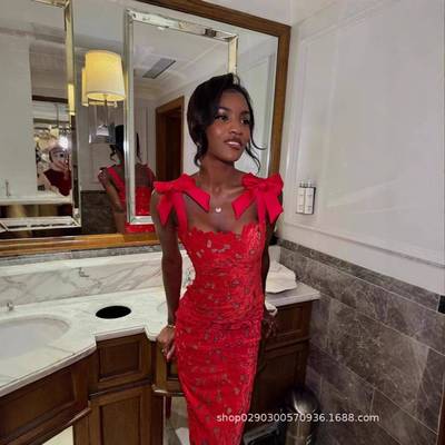 欧美时尚经典女装SDM118气质大红色蝴蝶结礼服度假连衣裙含内衬外