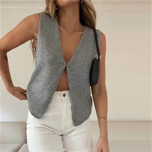 欧美时尚针织背心无袖上衣开衫女 Knit Cardigan Vest Tank Top