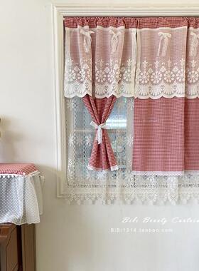 田园风格子小窗帘红色格子蓝色格子门帘半帘飘窗窗帘定制
