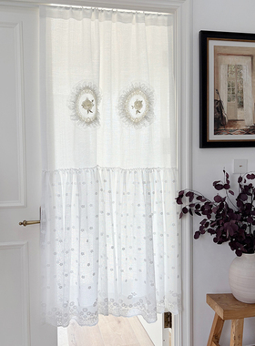 免打孔法式白色立体花蕾丝双层裙摆落地门帘隔断帘透光不透人