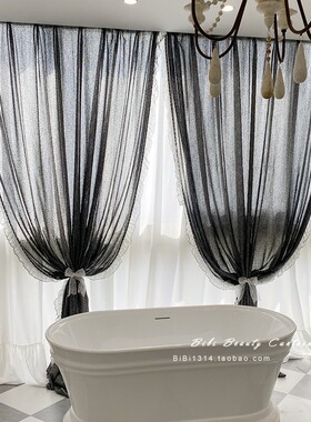 法式黑色赫本风毛线球纱帘透光不透人窗纱客厅阳台中古风窗帘窗纱