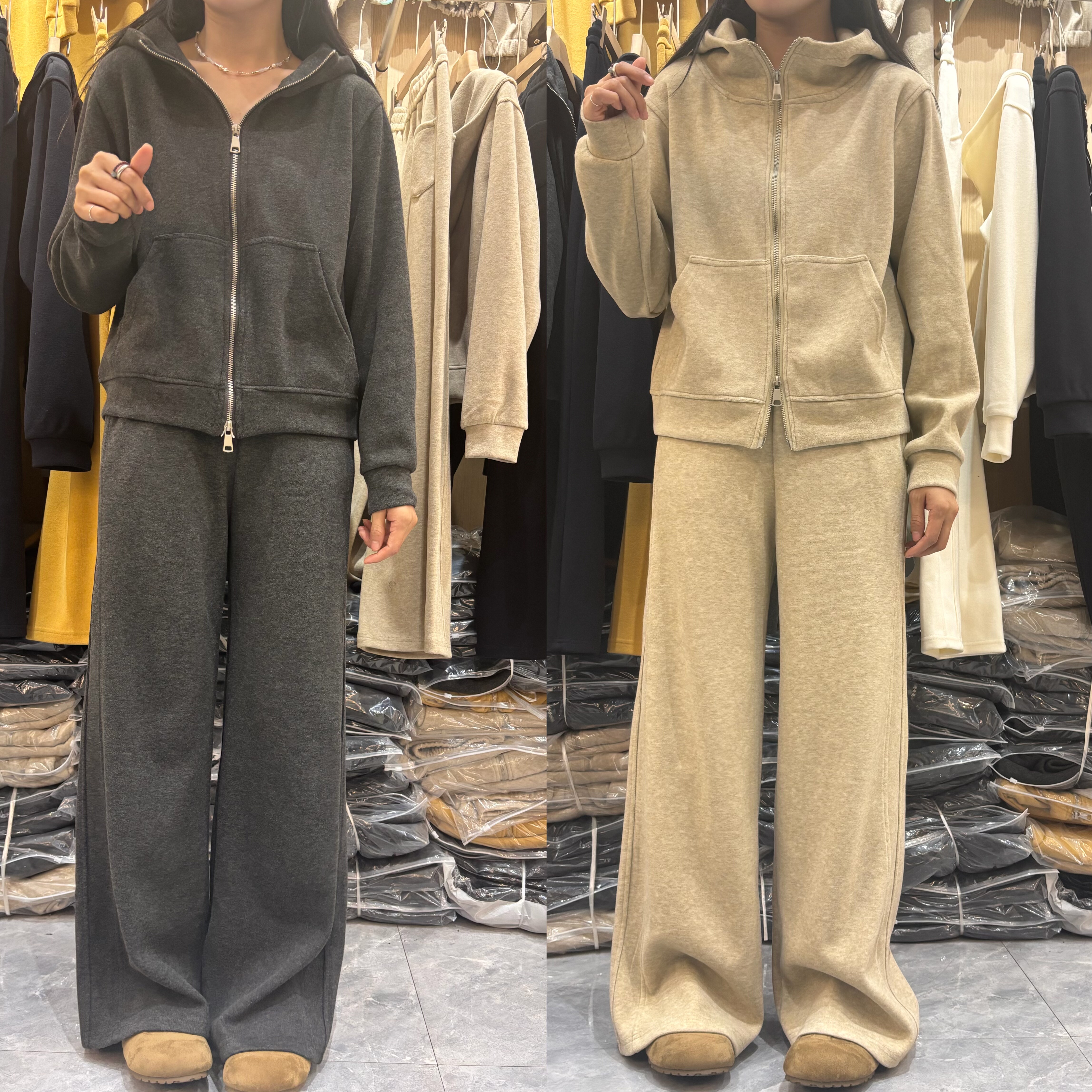 韩系秋冬季软糯卫衣拉链衫直筒裤两件套宽松显瘦加厚加绒休闲套装