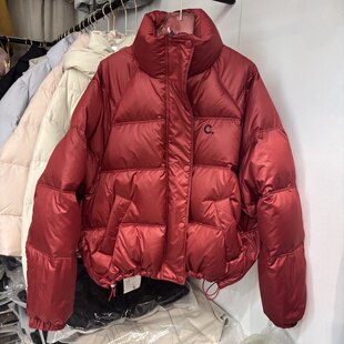 韩版缎面质感立领刺绣字母羽绒服女保暖新国标90白鸭绒加厚面包服