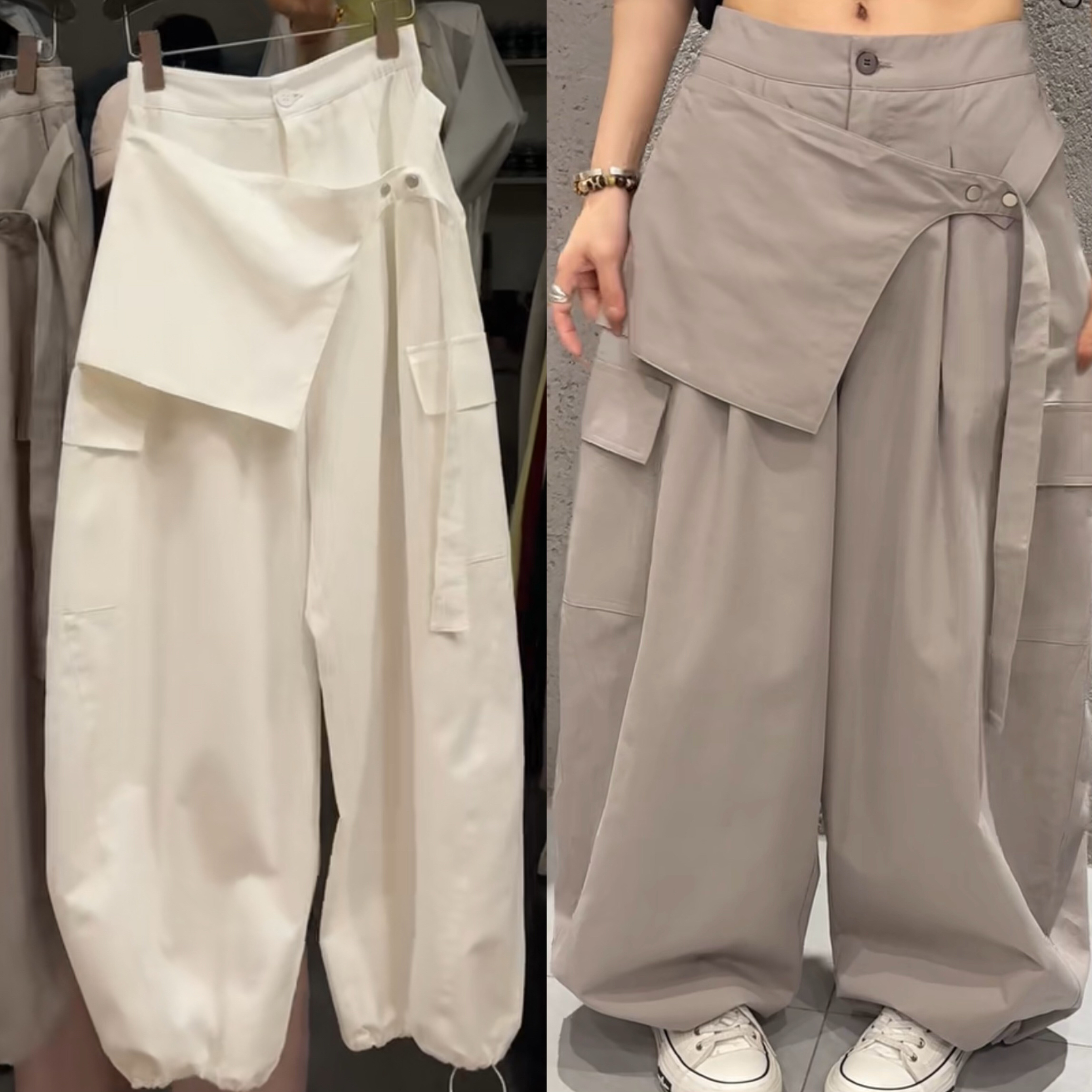 欧洲站2026春夏新款休闲拼接屁帘侧口袋工装裤女假两件阔腿裤长裤