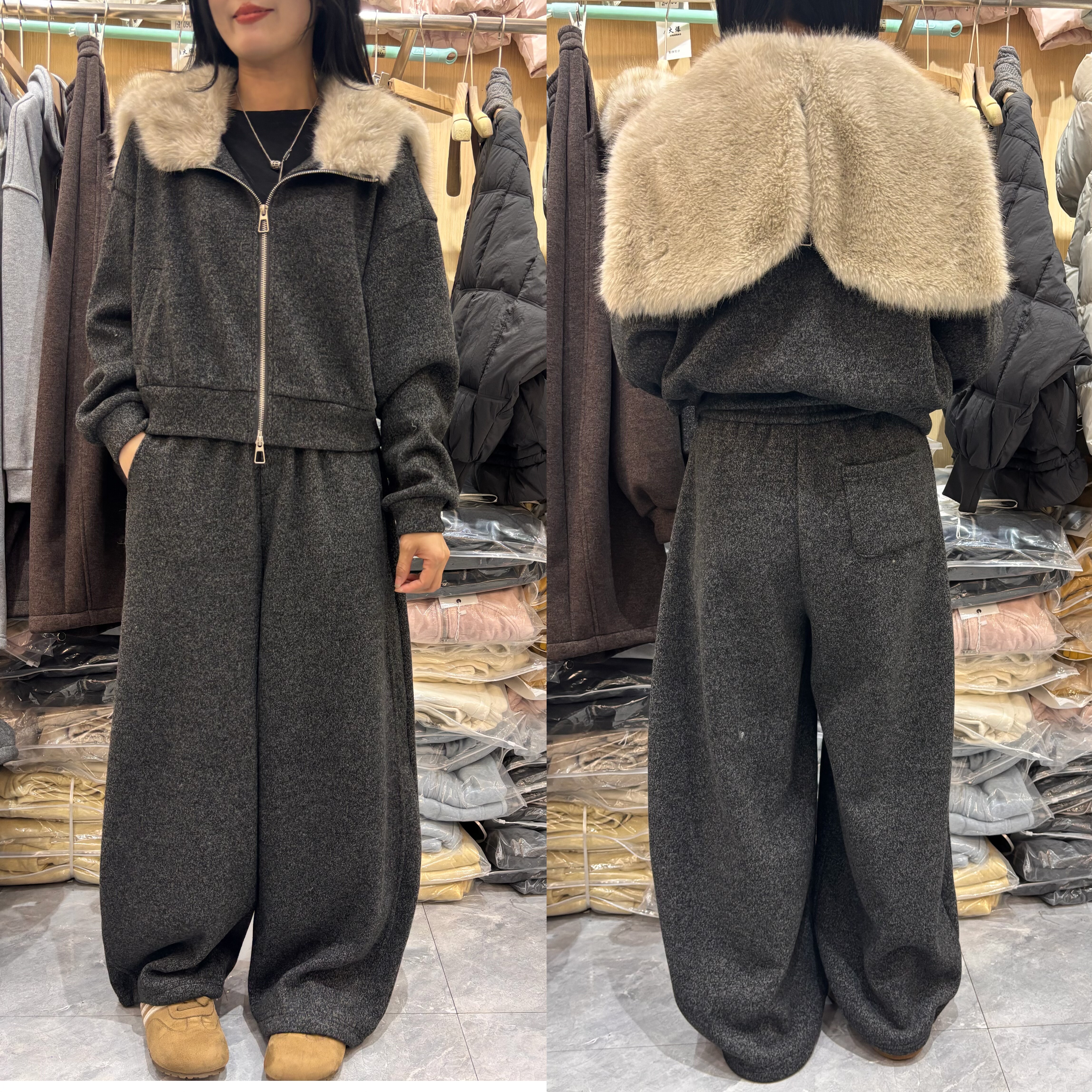 连帽拉链环保毛卫衣抽绳弯刀裤两件套女2025冬季时髦加厚加绒套装,女装/女士精品,时尚套装,淘宝优惠券,粉丝福利购,淘宝优惠卷