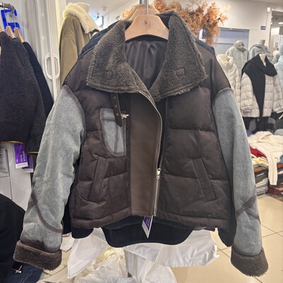 韩版短款小个子羽绒服女2025冬季翻领宽松牛仔拼接保暖白鸭绒外套