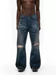 No Faith Studios Italy Washed Blue Whiskered Patchwork Ripped Flared Denim Pants