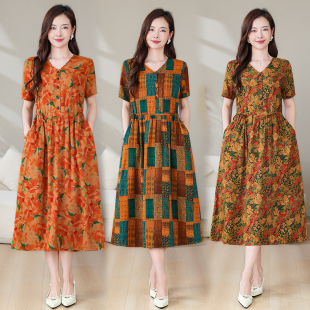 夏季 透气棉绸连衣裙女妈妈装 松紧腰洋气气质裙 V领短袖 中老年女装