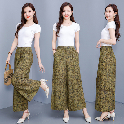 妈妈九分裤子宽松跳舞棉绸阔腿裤