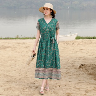 夏季 碎花长裙显瘦v领波西米亚收腰民族风 棉绸连衣裙洋气印花短袖